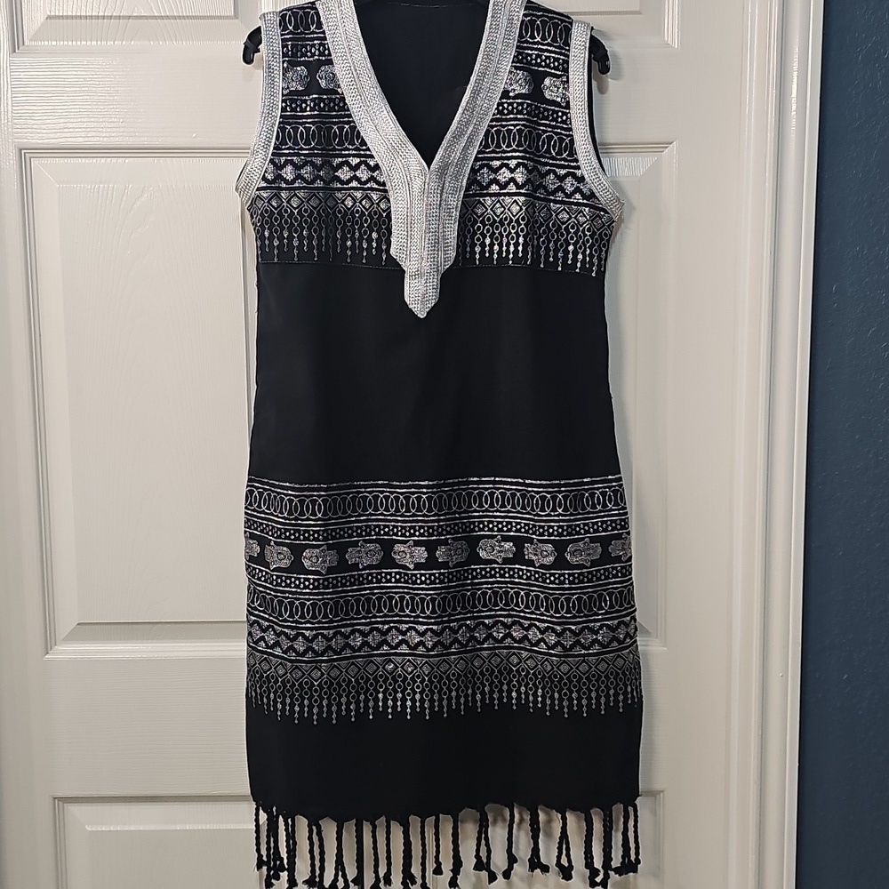 Vintage Rare Ornate Hamsa Metallic Thread Black Tunic Dress Small/Med